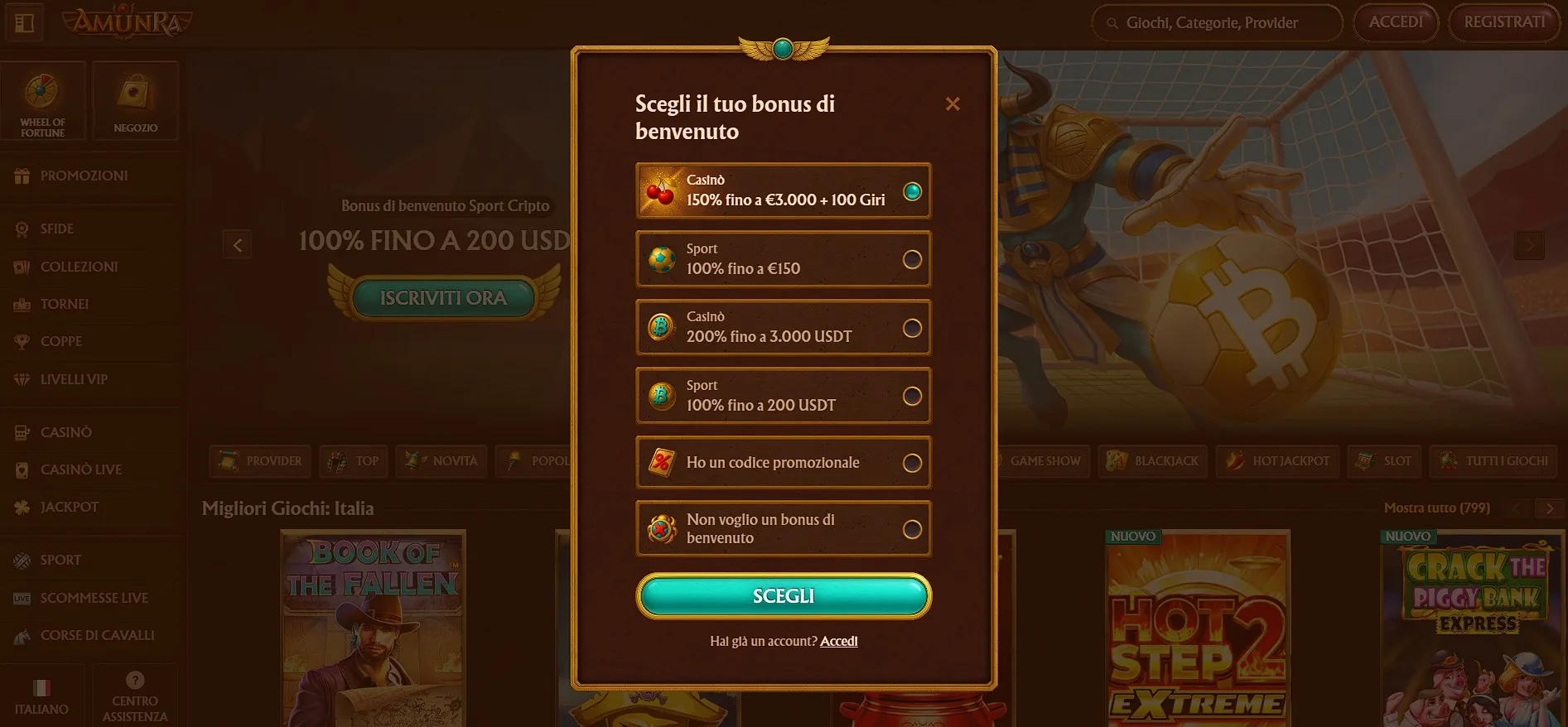 Schermata del bonus di benvenuto AmunRa Casino con 3.000 € e 100 giri gratis